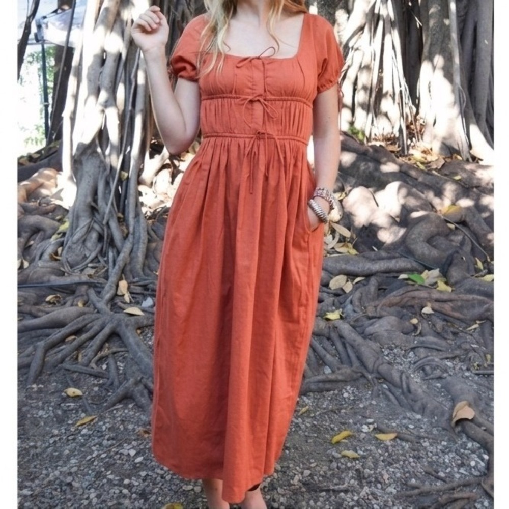 NEW Never A Wallflower Cotton Yarrow Tie Front Midi Dress Orange Small